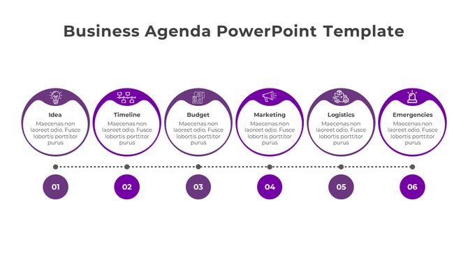 Business agenda timeline with six circular steps labeled Idea, Timeline, Budget, Marketing, Logistics, and Emergencies.