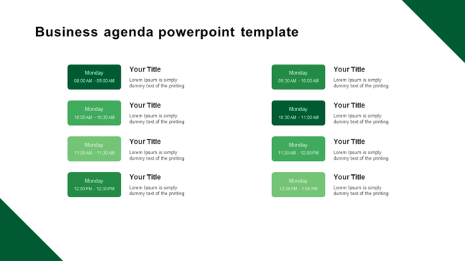  Business agenda template featuring green time slots in two columns, with session times, titles, and  placeholder text areas.
