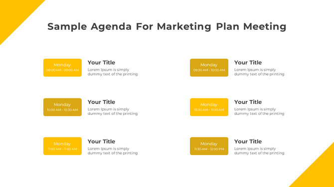 Agenda for a marketing plan meeting with six yellow schedule blocks, each displaying a time slot and placeholder text.