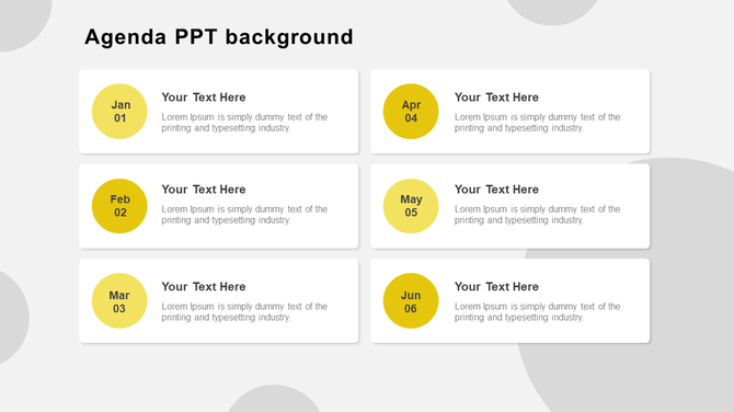 Business agenda layout with six white boxes arranged in two columns, featuring yellow date markers and text placeholders.