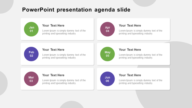 Agenda template with six boxes, Jan to Jun, with numbers, colored circles, and placeholder text areas for each agenda item.