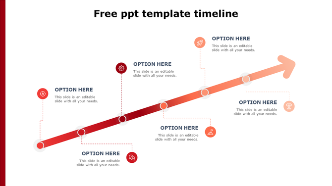 Upward-pointing red gradient arrow timeline with six circular checkpoints and corresponding icons along the path.