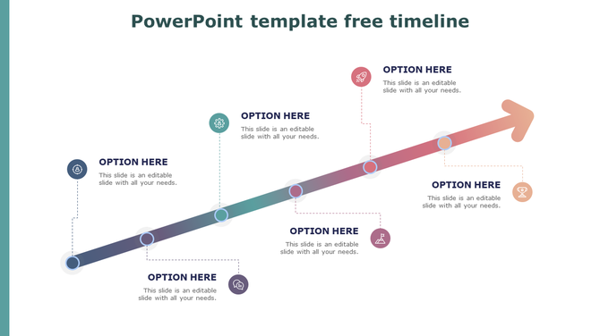 Timeline with a gradient colored arrow and circular markers, each containing an icon, spread across six stages.