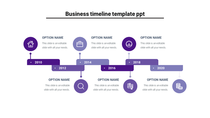 Timeline slide with six purple blocks for years 2010 to 2020, each with icons representing different stages.