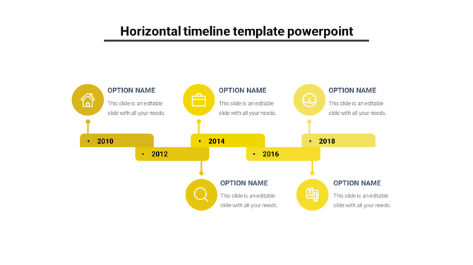 Business timeline infographic with yellow bars marking years 2010 to 2018, connected by icons and placeholder text.