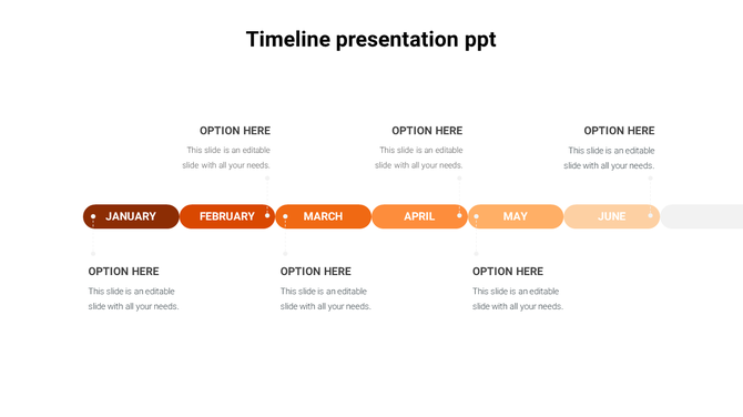 Timeline layout with six months displayed in orange blocks, each with a title and description section.