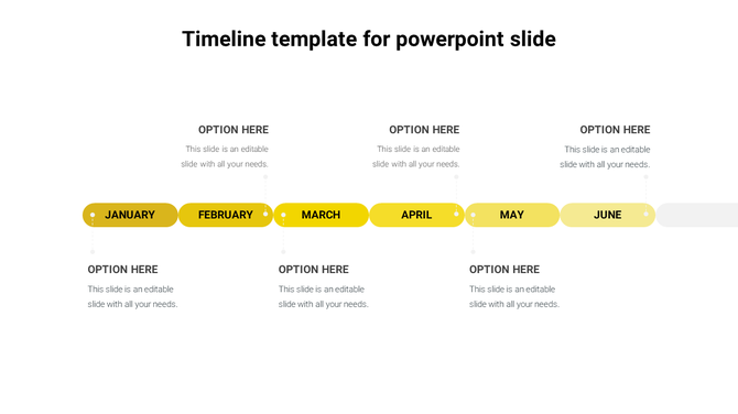 Minimalist timeline with yellow labels from January to June, connected by dots, with placeholder text on a white background.