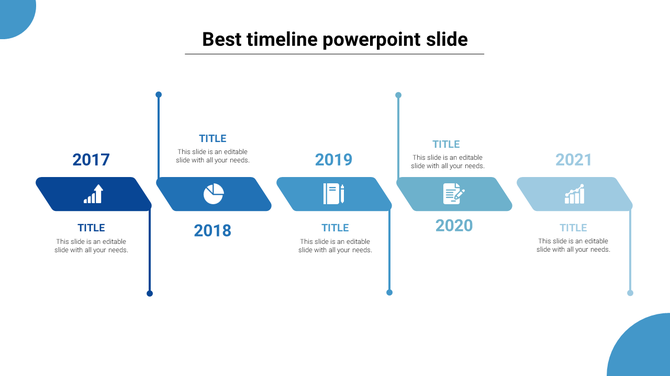 Diagonal timeline with blue gradient labels for 2017-2021, connected by vertical lines, featuring icons and placeholder text.