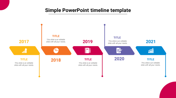 Colorful timeline PPT template with years from 2017 to 2021 and sections for each year with icons and descriptions.