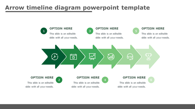 Arrow timeline PPT slide diagram with six green arrows representing sequential steps and text options on a white background.