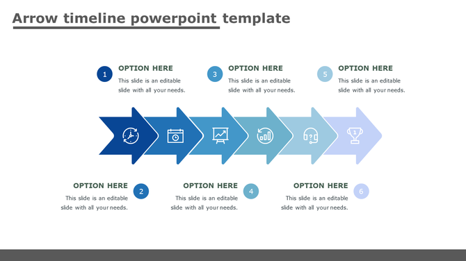Blue arrow shaped timeline slide with six options and icons representing different stages.
