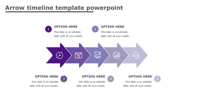 Horizontal arrow timeline with five gradient purple segments, each containing icons and captions area below.
