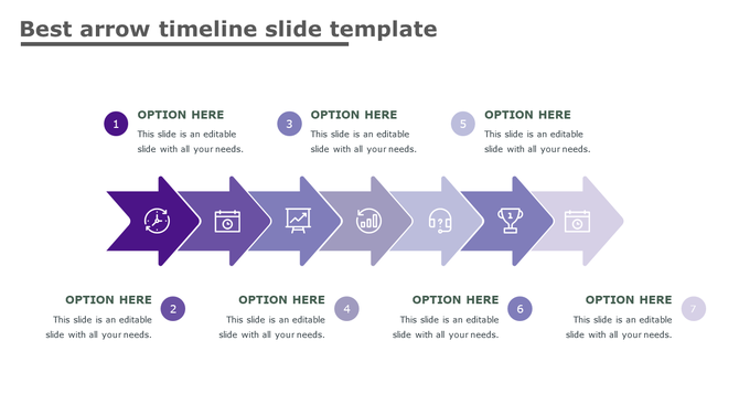 PowerPoint slide featuring a seven step arrow timeline in gradient purple shades with icons and text placeholders.