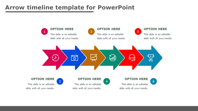 Arrow timeline infographic with six colorful arrows, each featuring an icon,  circles, and placeholder areas above and below.