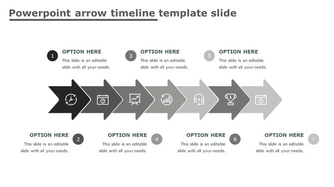 Horizontal timeline with seven arrows in a grayscale, each containing an icon,  markers, and text placeholders.