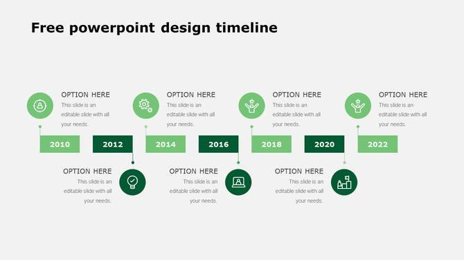 Minimalist green timeline featuring rectangular year markers from 2010 to 2022, with circular icons and alternating captions.
