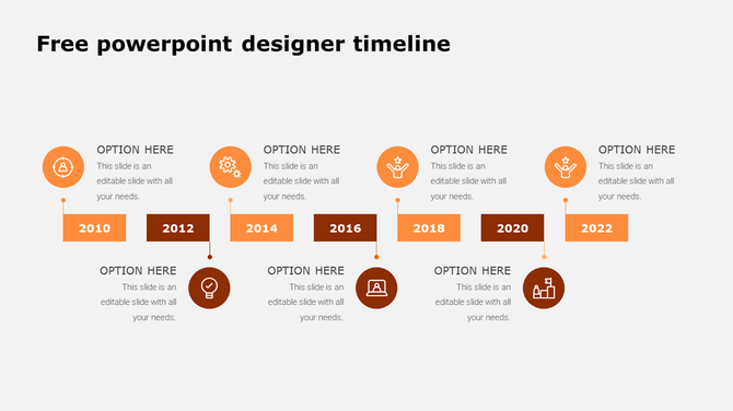 Orange timeline PowerPoint template from 2010 to 2022, featuring icons and text options on a white backdrop.
