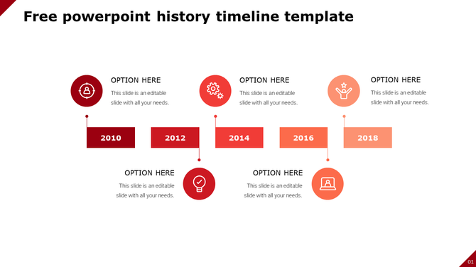 History timeline template featuring year markers from 2010 to 2018 with colored icons with placeholder text.