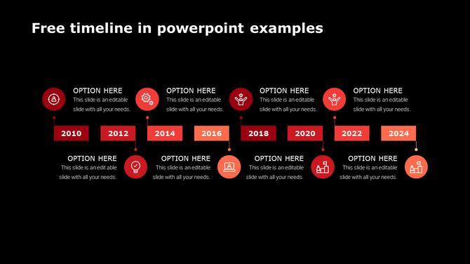 Dark themed timeline PowerPoint template with red milestones from 2010 to 2024, featuring icons and placeholder text.