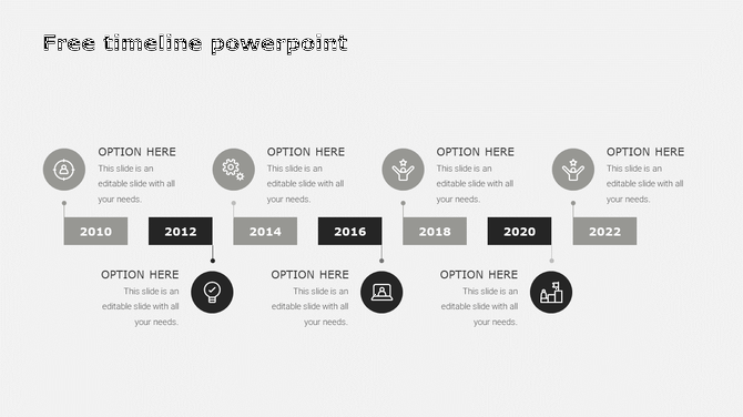 Monochrome horizontal timeline from 2010 to 2022 with rectangular year marker, circular icons, and alternating caption areas.