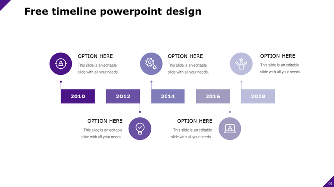 Minimalist purple timeline featuring rectangular year markers from 2010 to 2018, with circular icon and alternating captions.