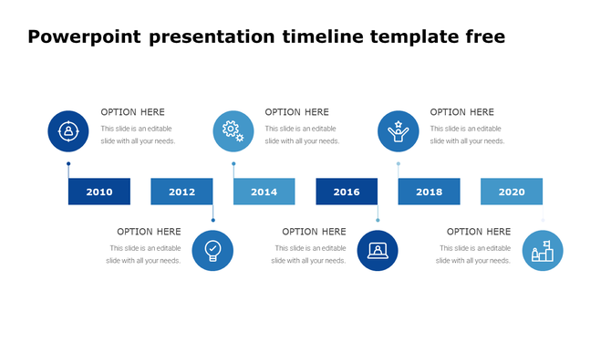 Timeline with six blue year labels and circular icons, featuring text ections for each milestone from 2010 to 2020.