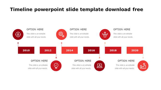 Red themed timeline PowerPoint template featuring milestone years from 2010 to 2020 with red icons and placeholder text.