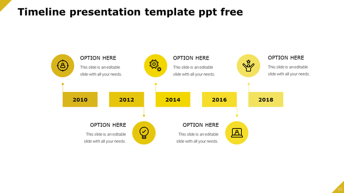 Minimalist timeline PowerPoint template with yellow themed icons from 2010 to 2018 and captions on a white backdrop.