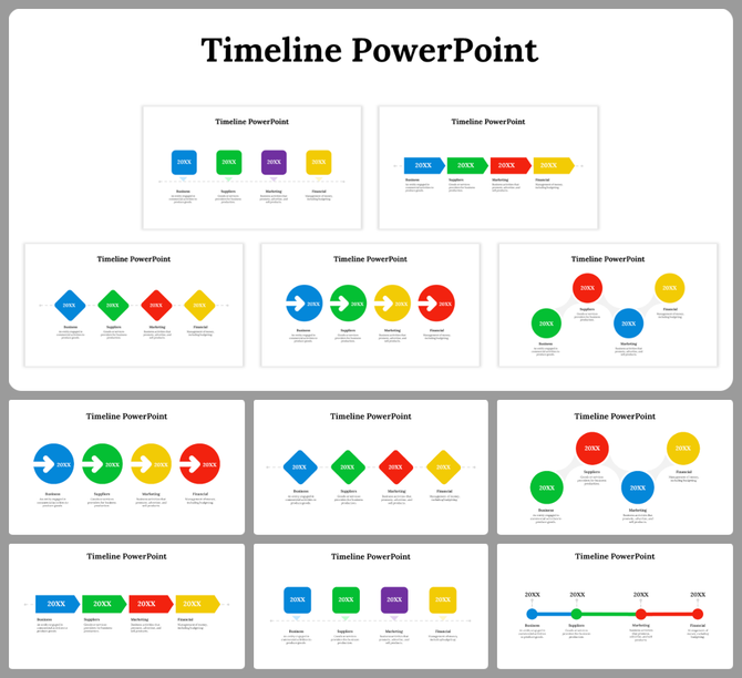 Various timeline PPT slides showcasing different styles with icons and colorful segments in different layout designs.