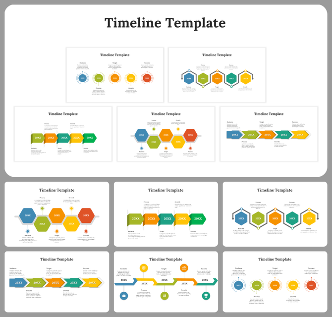Various timeline PPT slides featuring different colorful layout designs and arrow shapes with years and business stages.