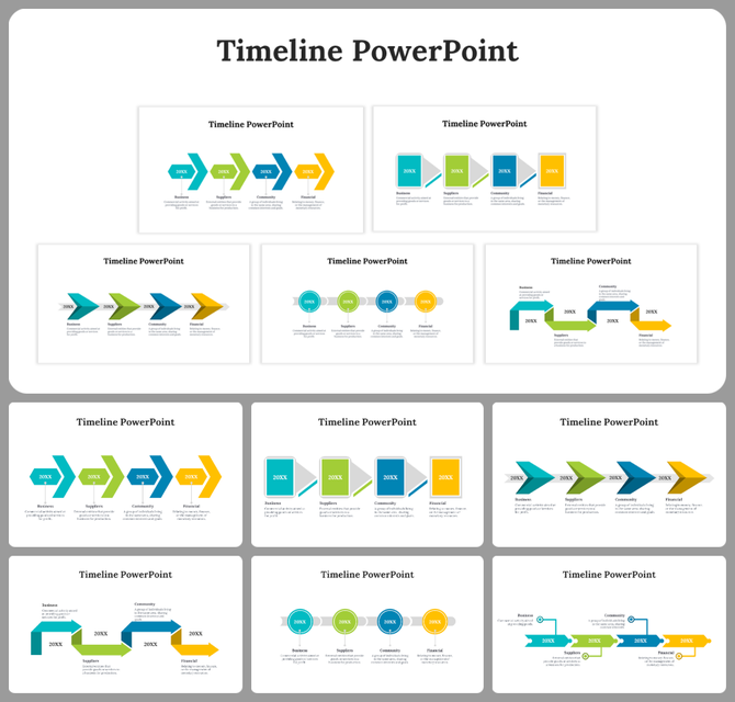 Timeline PowerPoint slides showcasing colorful arrows to represent milestones for business processes across various years.