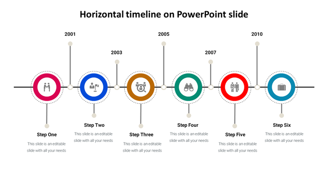 Minimalist timeline with six milestones from 2001 to 2010, each containing an icon and step label, connected by a thin line. 