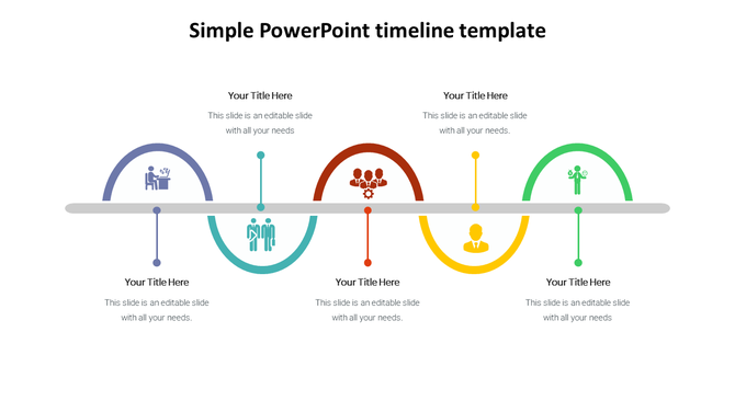 Horizontal timeline with curved sections in blue, teal, red, yellow, and green, each associated with icon.