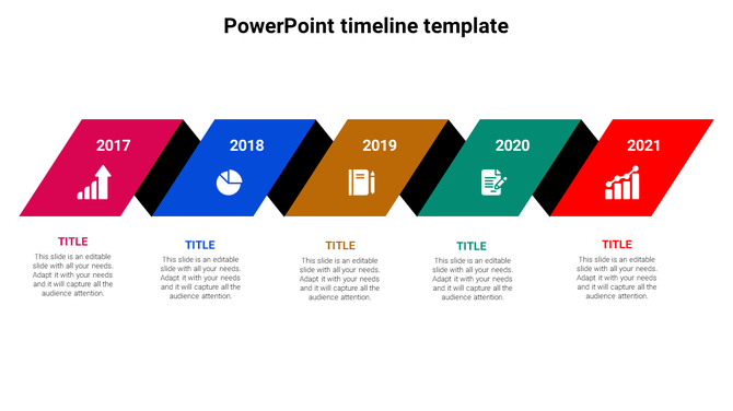Colorful horizontal timeline with slanted blocks from 2017 to 2021, each containing an icon, connected by black separators. 