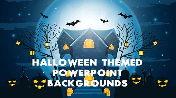 Haunted house with glowing windows, bats flying against a full moon, lantern-lit trees, jack-o'-lanterns, and graveyard. 