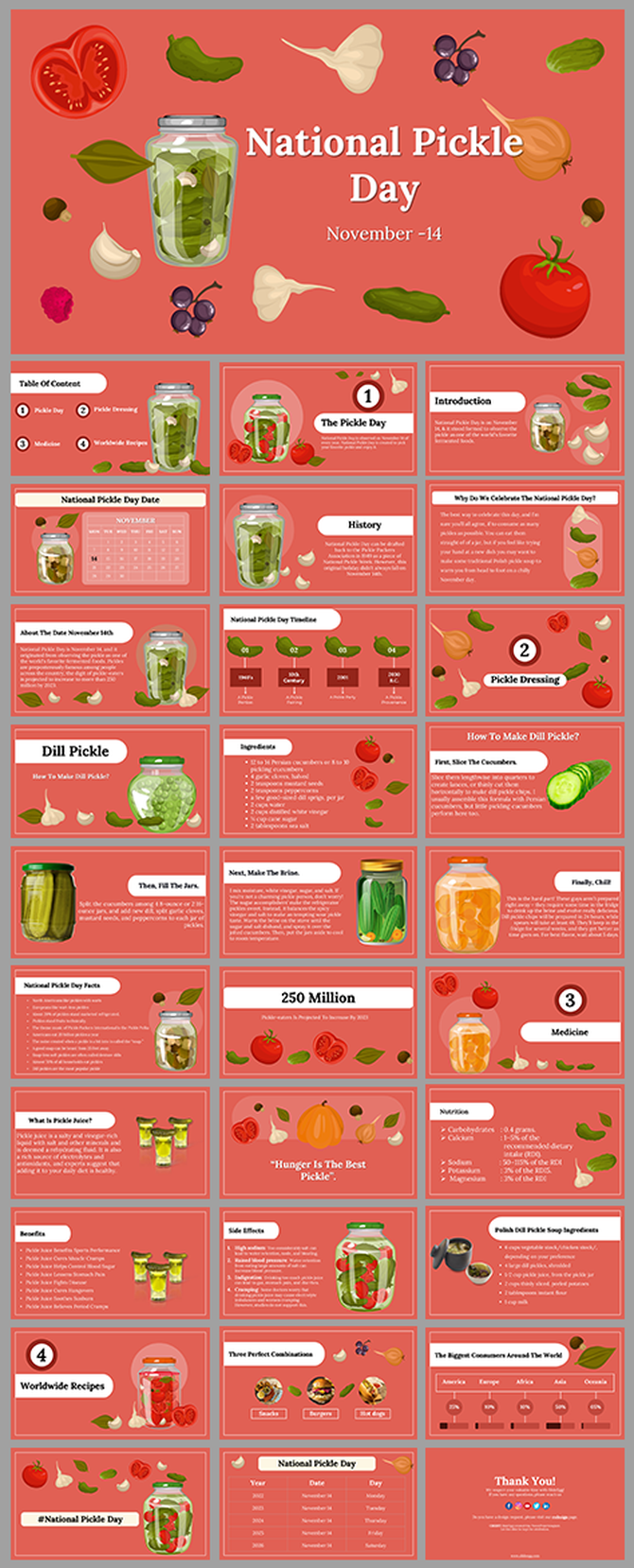 Slide deck featuring pickle jars images, vegetables and sections on history, benefits, and fun facts in red theme.