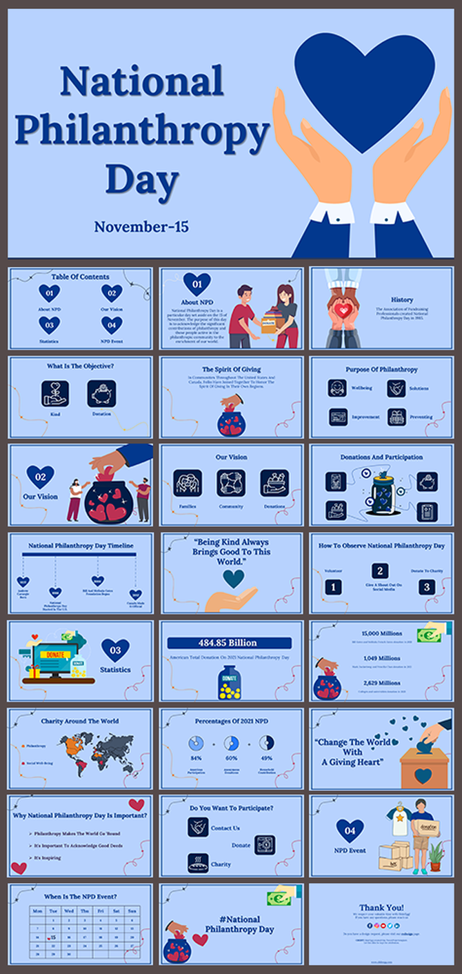 National philanthropy day slide deck featuring sections, and events with themes of giving and community engagement.