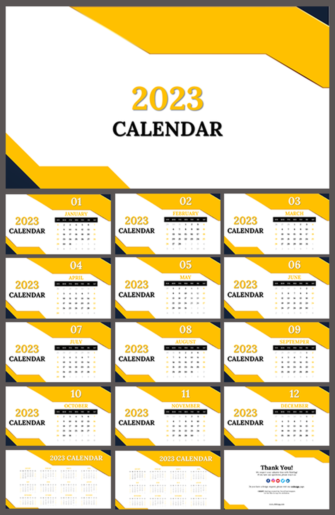 2023 calendar template in PowerPoint format with a bold yellow and black design, featuring each month on separate slides.