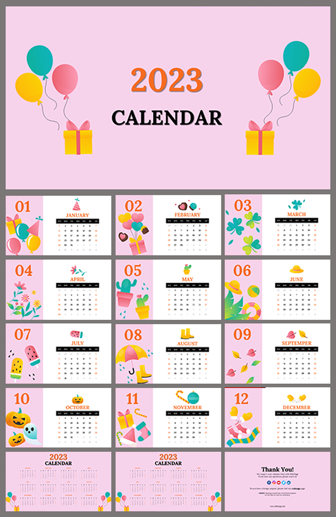 2023 PowerPoint calendar slides with a pink theme, featuring monthly pages with colorful illustrations.