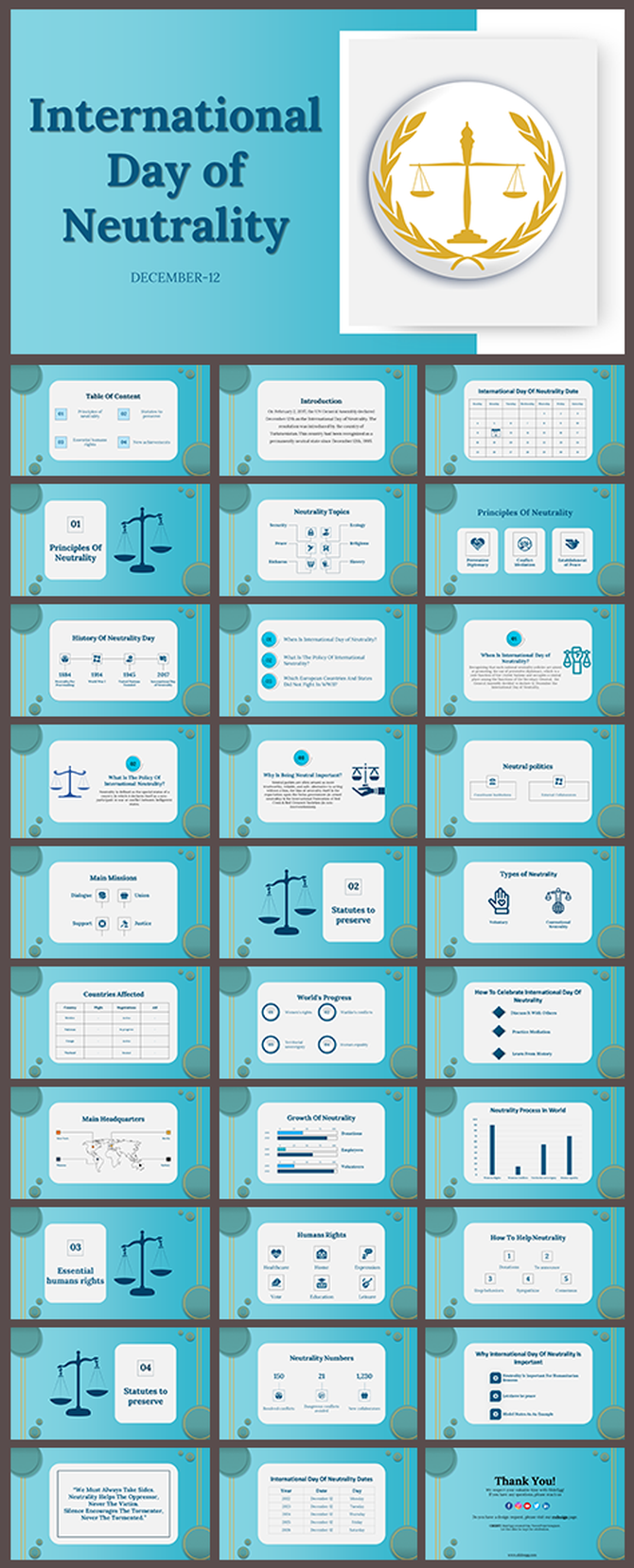 Slides with justice scale motifs, charts, and icons, on blue backgrounds focusing on neutrality principles and statistics.