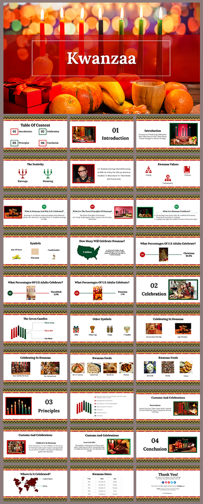 Kwanzaa themed slide deck with candles, symbols, and festive food images, with sections for celebration and principles.