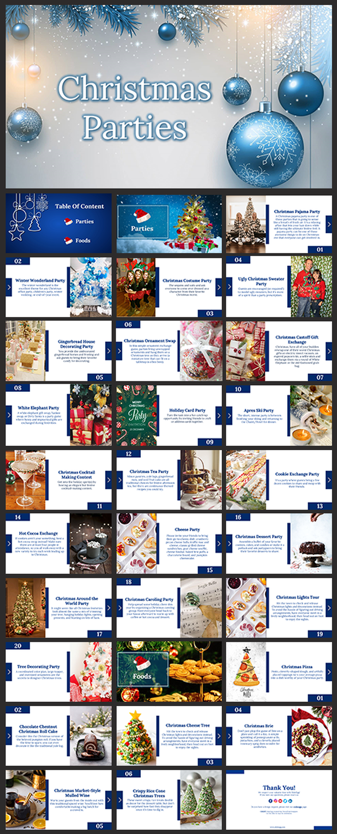 Christmas party slides featuring various holiday party themes and festive foods with a wintery blue theme.