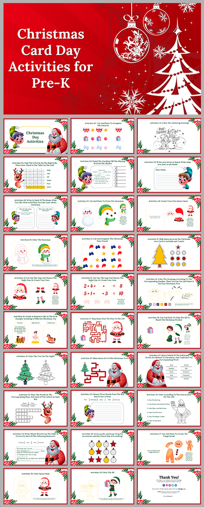 Christmas activities for young children slide deck, featuring festive exercises like coloring, word puzzles, and math tasks.