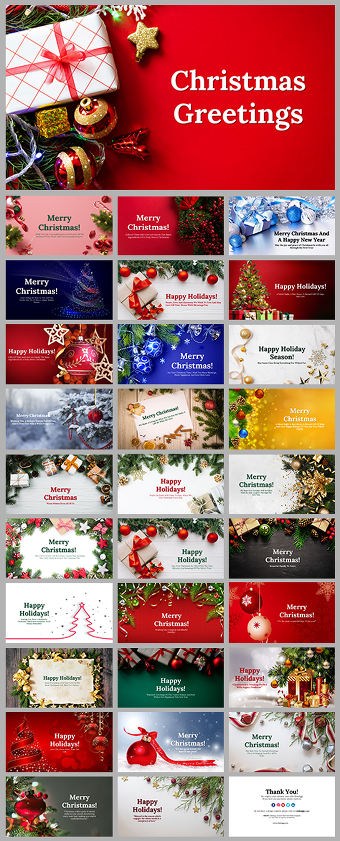 Christmas card presentation with red, gold, and green themes, showcasing ornaments, snowflakes, trees, and gift wrap imagery.