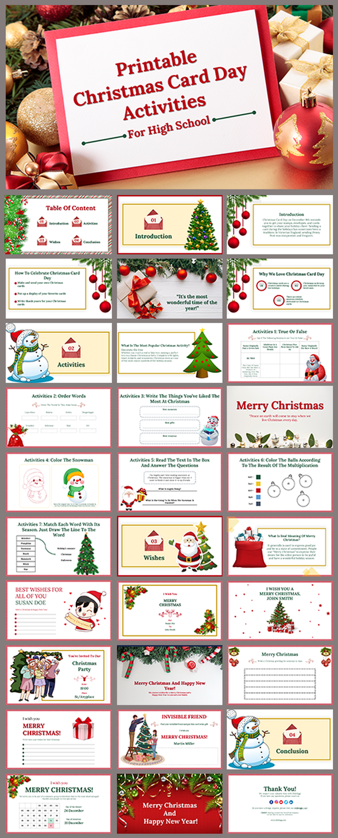 Christmas day slide deck featuring festive designs, card making ideas, and holiday wishes for high school students.