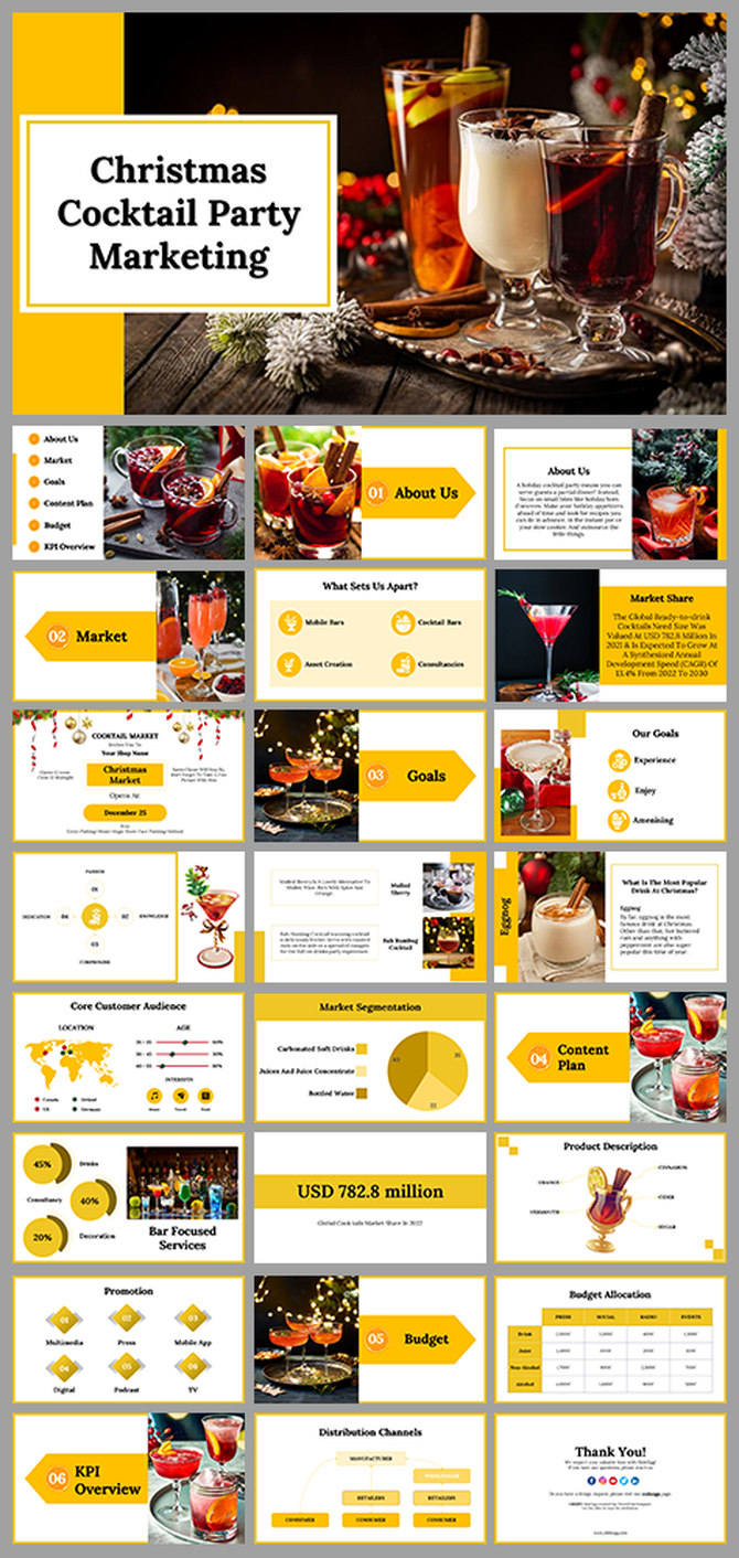Christmas cocktail marketing slides with vibrant beverages, yellow-white layout, infographics, and festive decor elements.