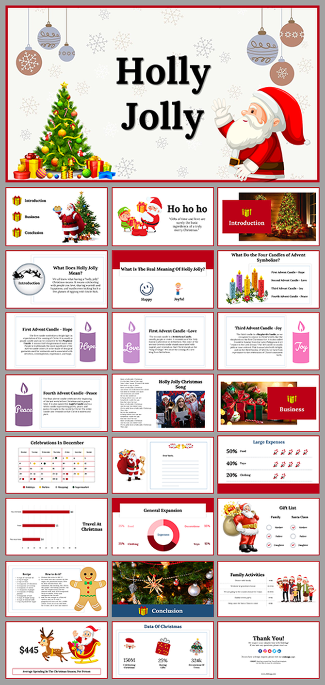 Slide deck featuring holiday imagery like Santa, Christmas trees, and candles, along with text and graphs in red and white.
