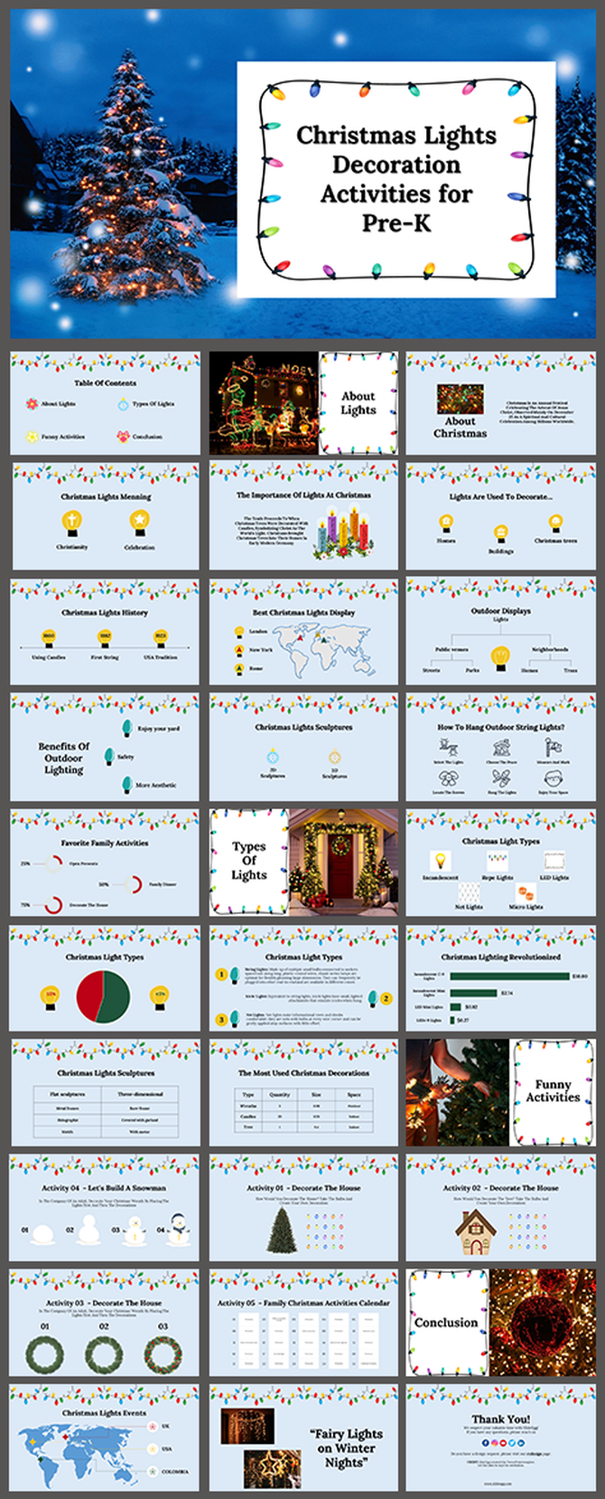Christmas lights slides showing history, outdoor stringing activities for children, with colorful designs and fun activities.