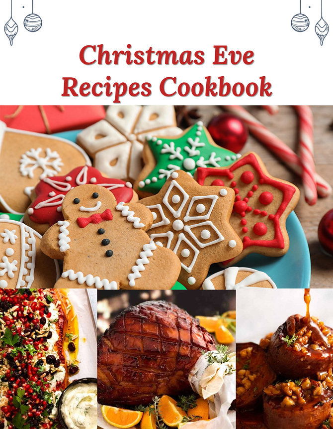 A collection of festive Christmas Eve dishes slides including gingerbread cookies, a roasted ham, and holiday side dishes.