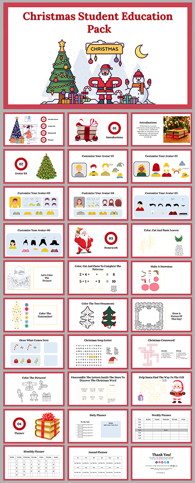Christmas education pack for students with activities like coloring, puzzles, kits, planners, and festive illustrations.